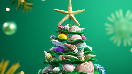 3D animated christmas ornament featuring seashells and sea creatures with a starfish on top, made from beach elements