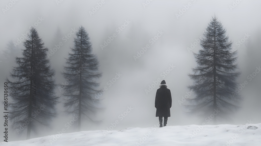 Poster a solitary figure stands in a snowy landscape surrounded by fog and evergreen trees, creating a sere
