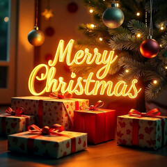 A decorated Christmas tree with ornaments, lights, and presents underneath, with a Merry Christmas