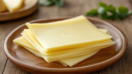 Slices of Yellow Cheese on a Wooden Plate