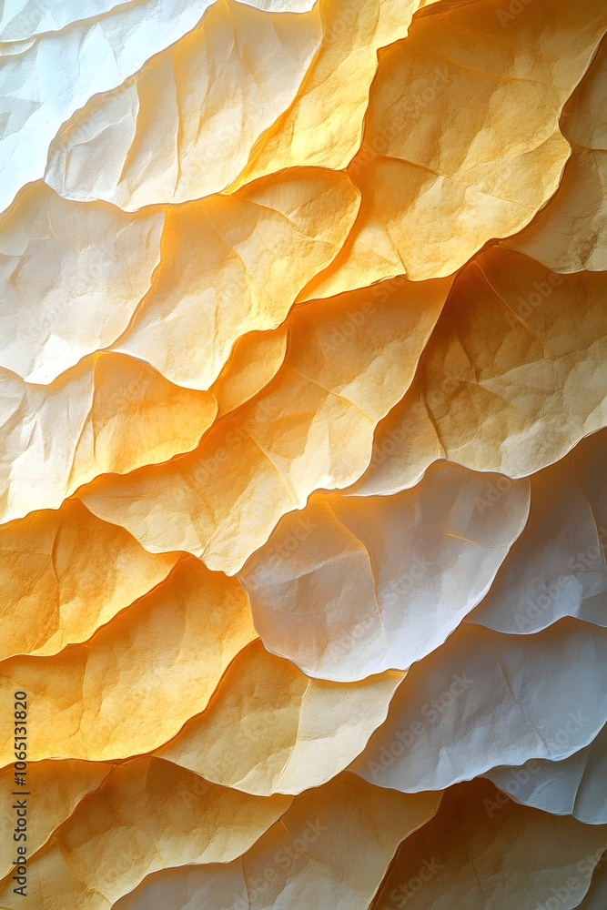 Poster an abstract close-up of layered, textured paper in warm hues of orange and cream, creating a visuall
