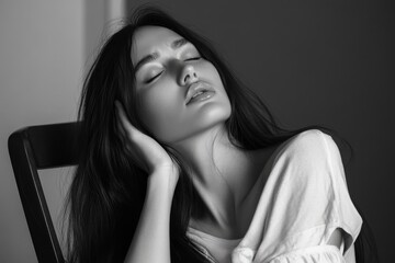 A woman with long hair leans back in relaxation, eyes closed, in a black and white portrait that accentuates her serene expression and peaceful mood.
