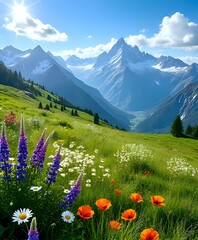 Fototapeta premium Alpine Meadow Panorama - Sun-Drenched Vista
