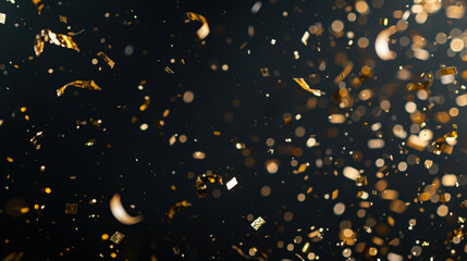 Floating gold confetti and bokeh lights on dark background