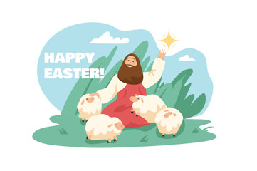A joyful character with a beard raises a hand while surrounded by fluffy sheep in a bright and cheerful setting. Vector illustration