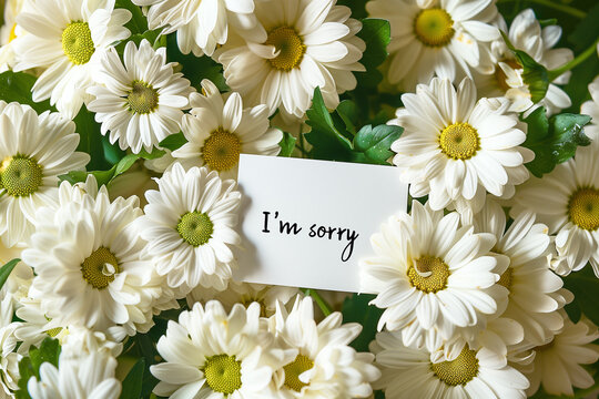 A postcard with a handwritten inscription "I'm sorry" in a bouquet of beautiful white daisies. Bokeh in the background.