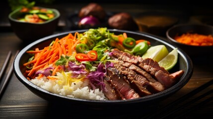 Fototapeta premium Gourmet bowl, healthy rice, succulent meat, fresh vegetables, culinary artistry, vibrant colors, appetizing presentation, appetizing composition, food photography,