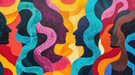 Artistic connection pattern with vibrant, intertwining paths linking human silhouettes