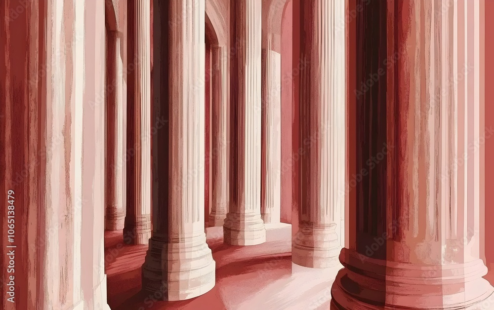 Poster an abstract view of classical architecture featuring tall, intricately designed columns in shades of