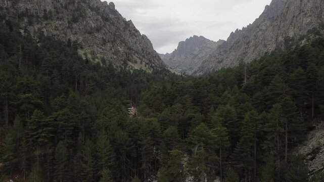 Restonica Valley in Corsica Island, astonishing mountain landscape, aerial shot