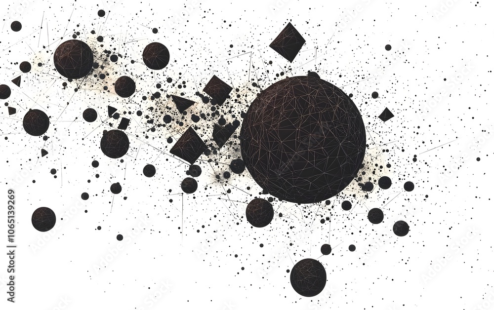 Aufkleber an abstract representation featuring a series of interconnected spheres and cubes against a minimali