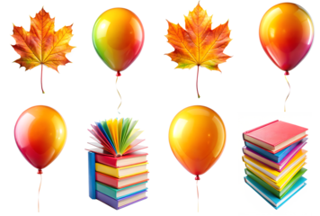 Set of bright balloons, autumn leaves, and colorful books with a back-to-school theme on a transparent background.