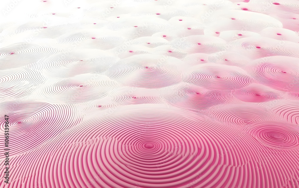 Poster an abstract landscape featuring intricate circular patterns in varying shades of pink and white, cre