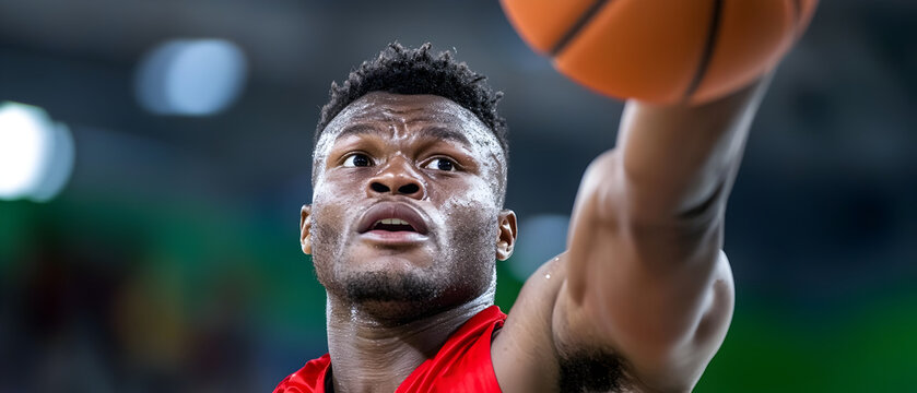 Photograph of a basketball player in a red uniform intensely focused while aiming to take a three point shot with arms extended and body poised for the jump