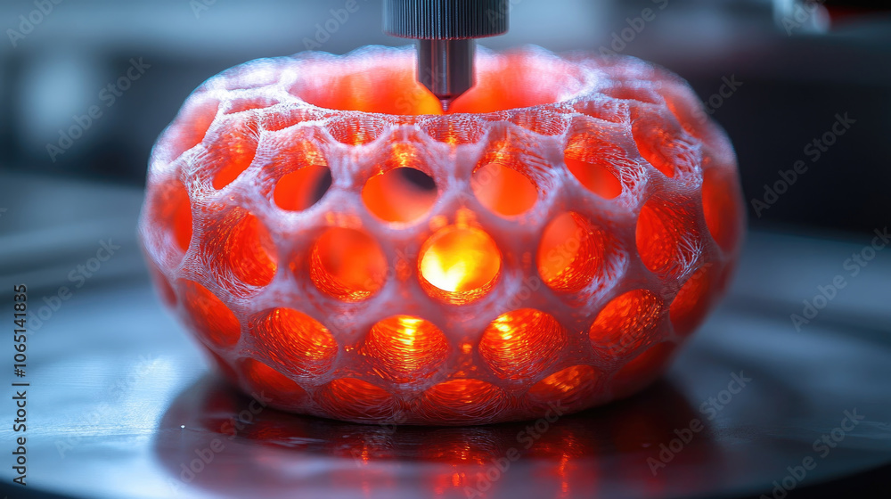 Poster a detailed honeycomb design is being created using 3d printing technology, glowing warmly from withi
