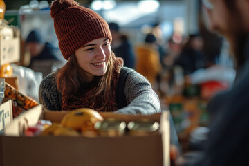 Community food drive with people donating and collecting non-perishable items to support local families, homeless people, disaster victims