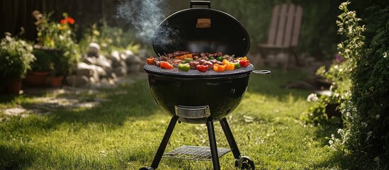 Cooking barbecue on a grill in a backyard, smoky atmosphere and summer vibe