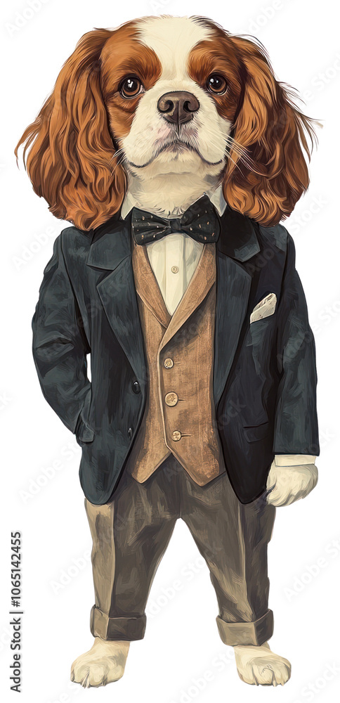 Poster PNG Cavalier King Charles Spaniel dog costumes wearing vintage groom suit animal illustration portrait.