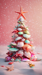 3D animated christmas ornament featuring seashells and sea creatures with a starfish on top, made from beach elements