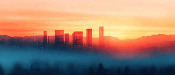 Fototapeta premium Futuristic smart city skyline with towering skyscrapers and a vibrant sunset glow creating a silhouette of urban connectivity and technological innovation