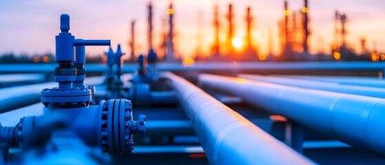 Fototapeta premium Intricate network of refinery pipes and industrial infrastructure silhouetted against a dramatic cityscape at twilight The complex maze like structures are illuminated by a moody