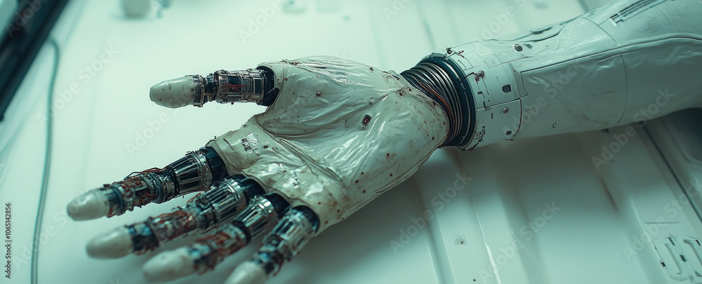 Poster the close-up showcases a highly advanced robotic hand, emphasizing its complex mechanics and futuris
