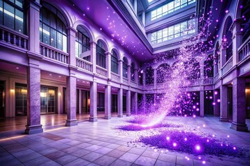Fototapeta premium Architectural Photography of Purple Particles with Light Purple Background Lights and Explosive Particle Effects, Stunning Visuals for Creative Projects and Digital Media