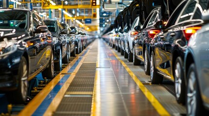Fototapeta premium The modern automotive assembly line features several cars at various production stages, showcasing industrial efficiency and advanced manufacturing in a contemporary factory setting