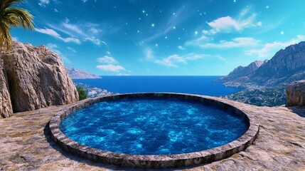 Fototapeta premium Cliffside Infinity Pool with Ocean and Mountain Views Blue Sky Stars