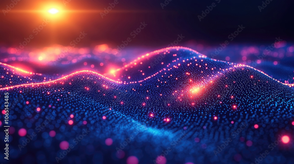 Poster a dynamic landscape filled with glowing particles undulating under a sunset, showcasing a colorful c