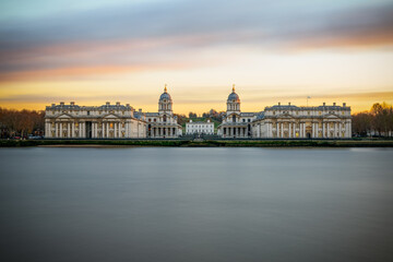 Sunset at the Old Royal Naval College in Greenwich, London, UK