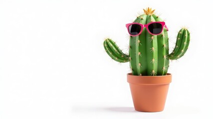 The concept of hair removal, smoothness. Green prickly cactus in sunglasses isolated on white background. summertime vacation concept