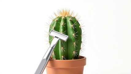 The concept of hair removal, smoothness. Green prickly cactus with woman razor isolated on white background