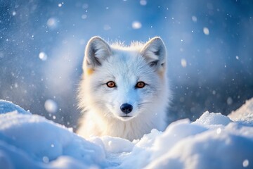 Naklejka premium Arctic Fox Peeking Over Snowy Background in Natural Habitat, Winter Wonderland, Wildlife Photography, Arctic Animals, Snowy Landscape, Nature Conservation, Cold Climate, Animal Behavior