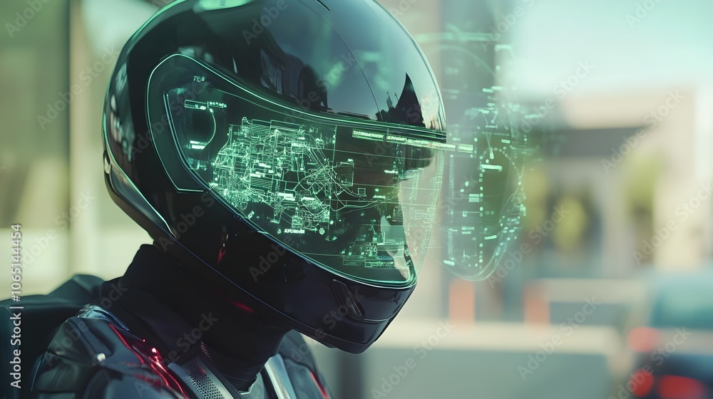 Poster futuristic helmet hud with advanced driving information and navigation tracking