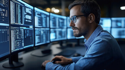 Fototapeta premium A man is sitting in front of a computer monitor with multiple screens