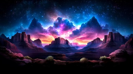 Majestic Canyon Landscape with Vibrant Night Sky and Starry Clouds