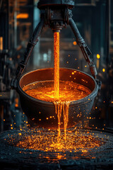 Bright molten metal cascades from above into a large mold, illustrating the dynamic process of metalworking at a foundry in the evening