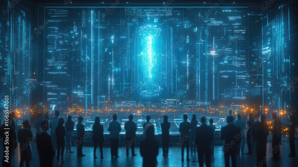 Poster a gathering of individuals gazes in awe at a brilliant holographic projection in a high-tech setting