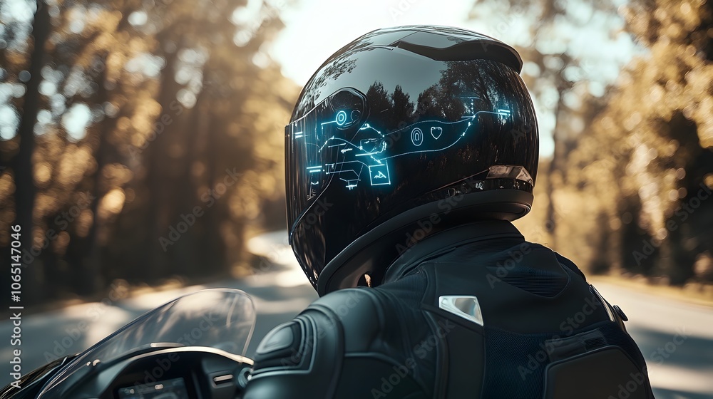 Poster motorcycle helmet with augmented reality hud display showing driving guidance