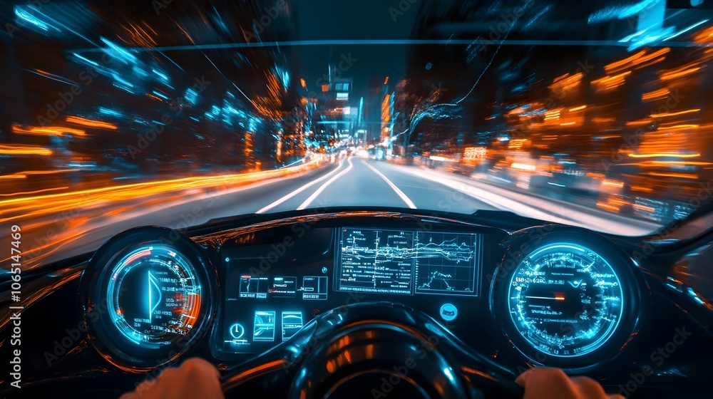 Poster augmented reality dashboard display with speed and gps countdown in futuristic night city drive