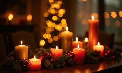 Candles are lit and the pine cones and Christmas balls are scattered around them. Scene is warm and cozy, giving off festive and inviting atmosphere