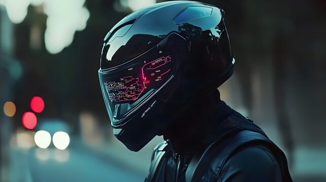 Futuristic Helmet HUD with Augmented Driving Support Data Visualization