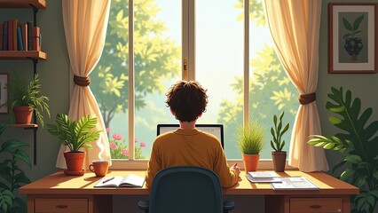 Fototapeta premium A Young Person Working on a Laptop at a Cozy Desk Beside a Sunny Window With Plants in a Bright Home Office During Daytime