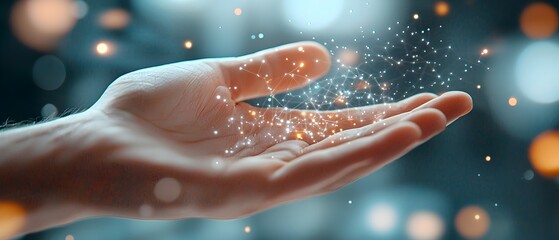 Fototapeta premium Human hand reaching to activate a glowing network of data flows symbolizing engagement with digital interfaces and modern technological connectivity