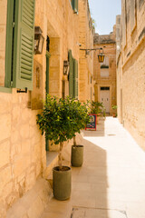 Beautiful view of ancient narrow medieval street with lanterns and beautiful trees in the old town of Mdina on a sunny day, the silent city, ancient capital of Malta, Europe.