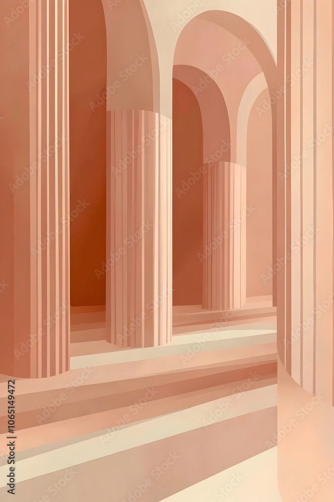Poster a serene architectural space featuring soft pink columns and arches, creating a calming ambiance wit