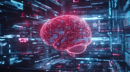 Cognitive technology depicted with a brain hologram surrounded by data streams and algorithms