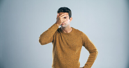 Stress, disappointed and portrait of man in studio for failure, crisis and mistake. Problem,...