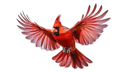 Obraz premium A vibrant Red Cardinal Bird in mid-flight, wings spread wide, against a white background.